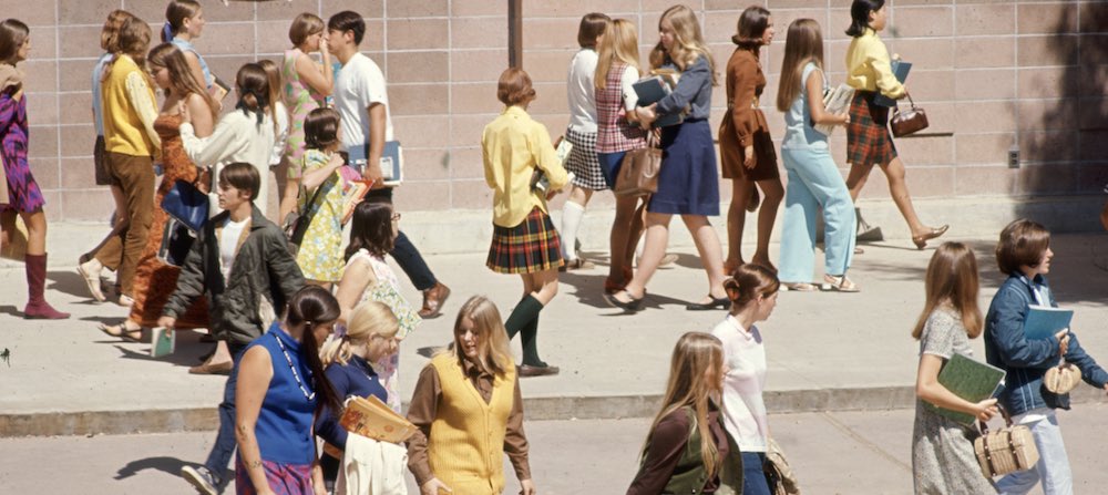 Subject: Students wearing hippy fashion at Woodside High. California October 1969 Photographer- arthur Schatz Time Inc Owned merlin- 1201956